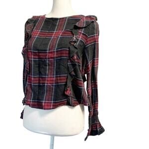 Romeo + Juliet Couture long sleeve plaid Ruffle top red gray sz M